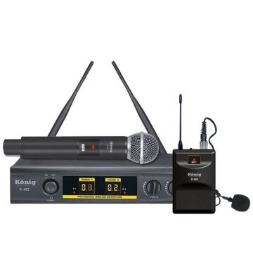 KÖNİG K-402 UHF/SABİT- ÇİFT KANAL 1 EL + 1 YAKA TELSİZ MİKROFON